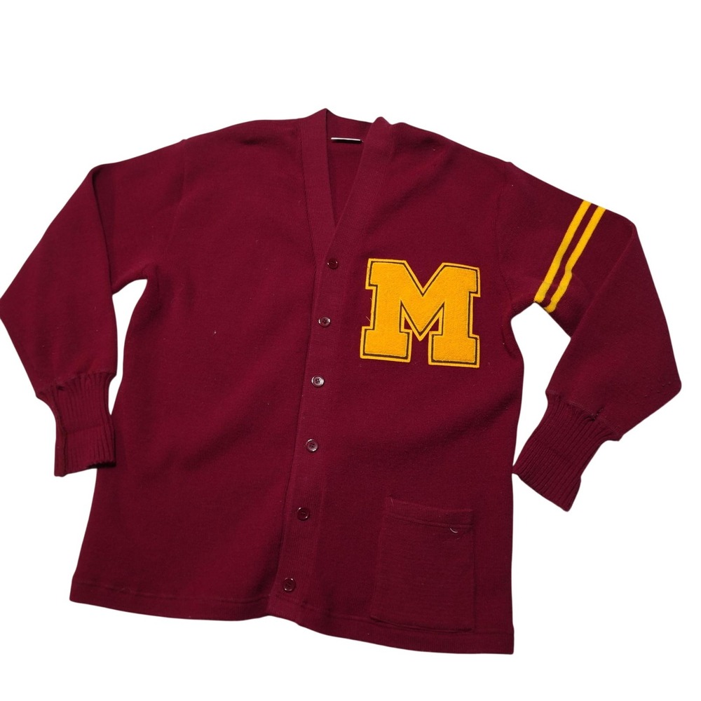 Vintage Sand Knit Sweater Mens XL Red Varsity Letterman Cardigan Patch Made USA